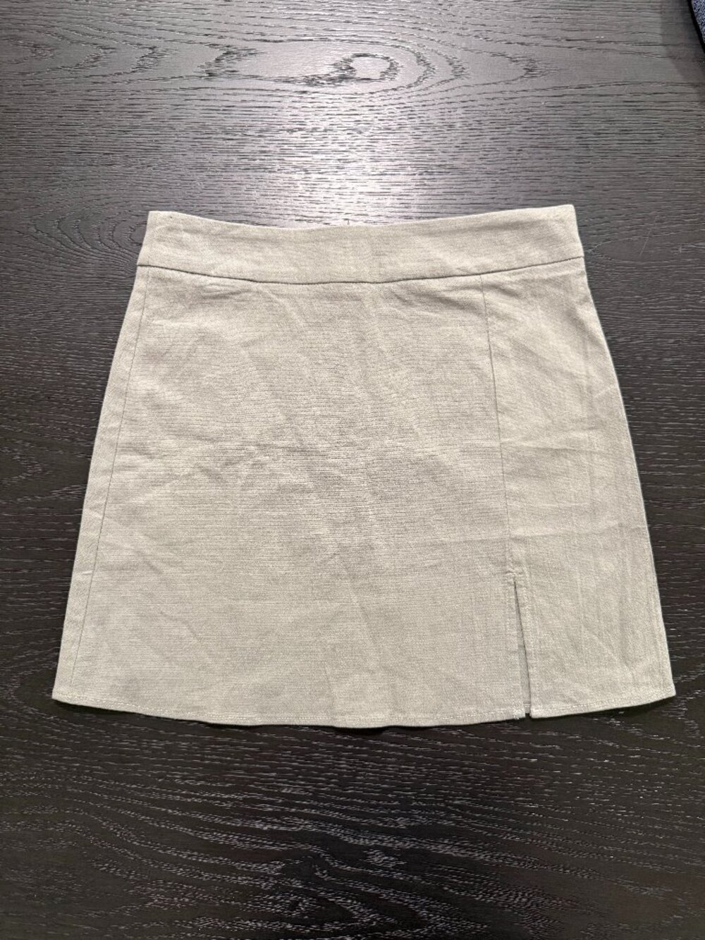 Mable Sage Green Cotton Linen Blend Mini Skirt Front Slit Womens Medium M